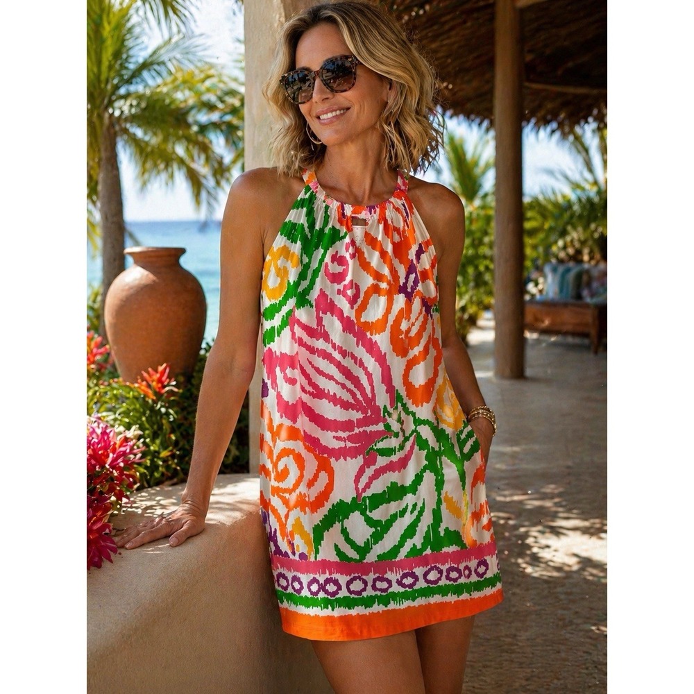 Barbara Gerwit Tropical Shift Dress Keyhole Colorful Resortwear Stretch Beach XL